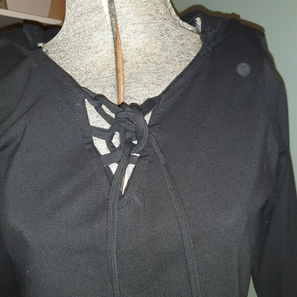 VINTAGE JAYLI NEPAL BOHO BLACK HOODED TUNIC SCREEN PRINT EMBROIDERY UNEVEN HEM M - Picture 2 of 7